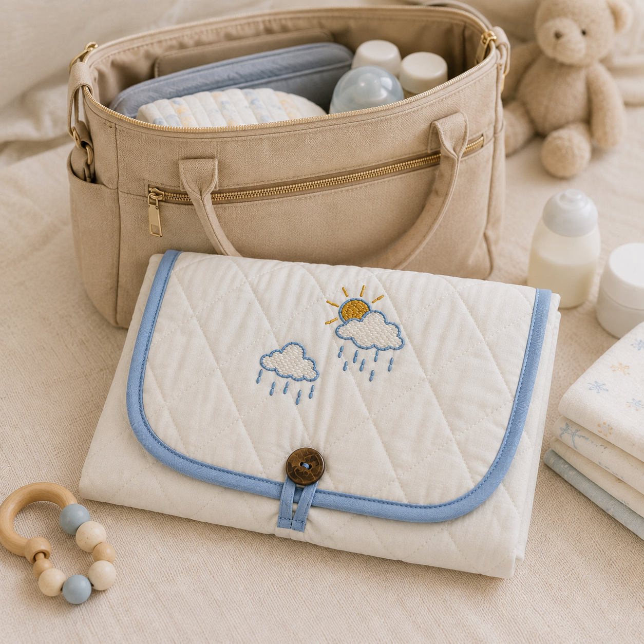 Cloud & Rain Embroidered Quilted Baby Changing Mat