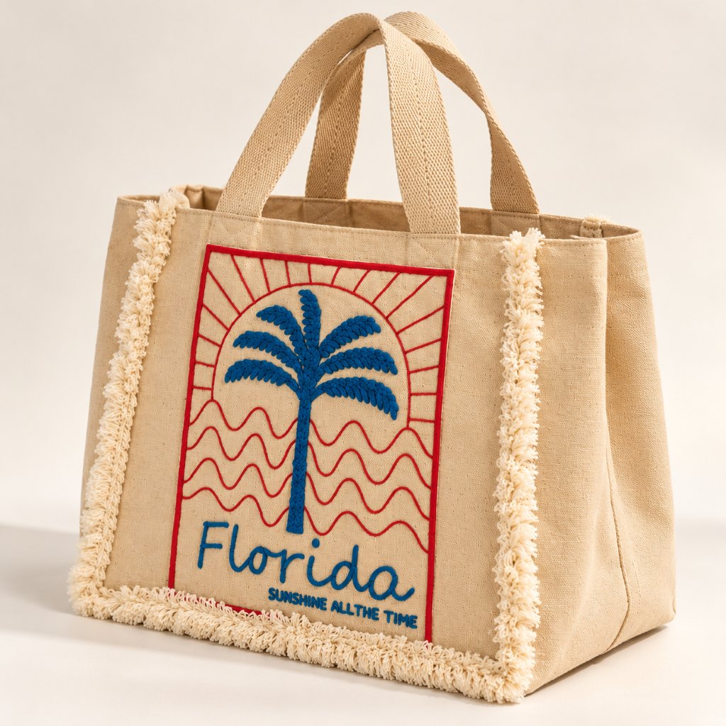 Beige Florida Palm Tree Printed Tote Bag