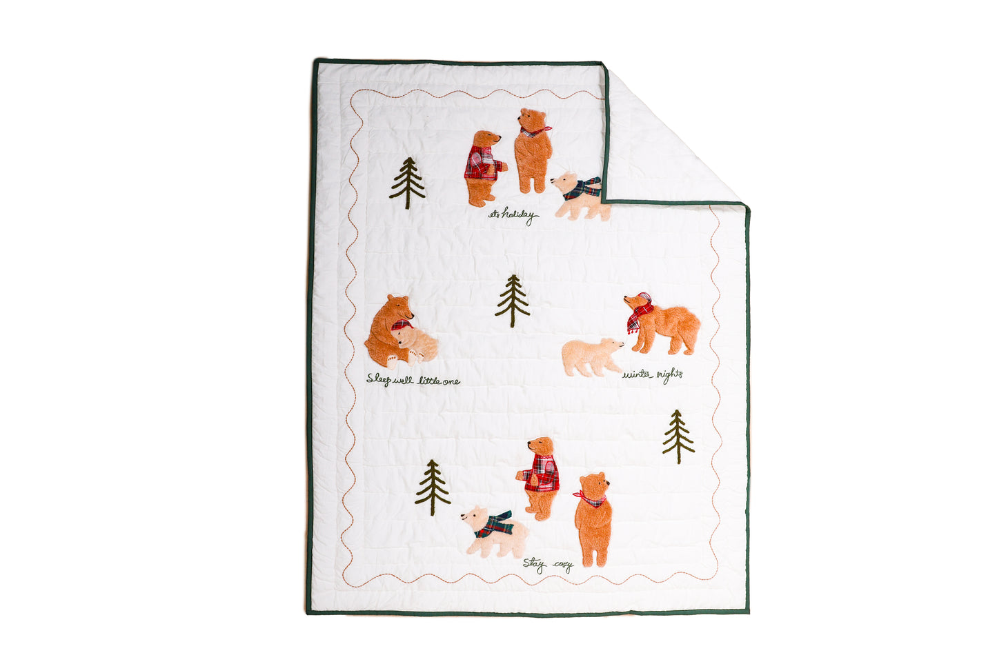 Baby blanket with cartoon bear and tree design on a white background