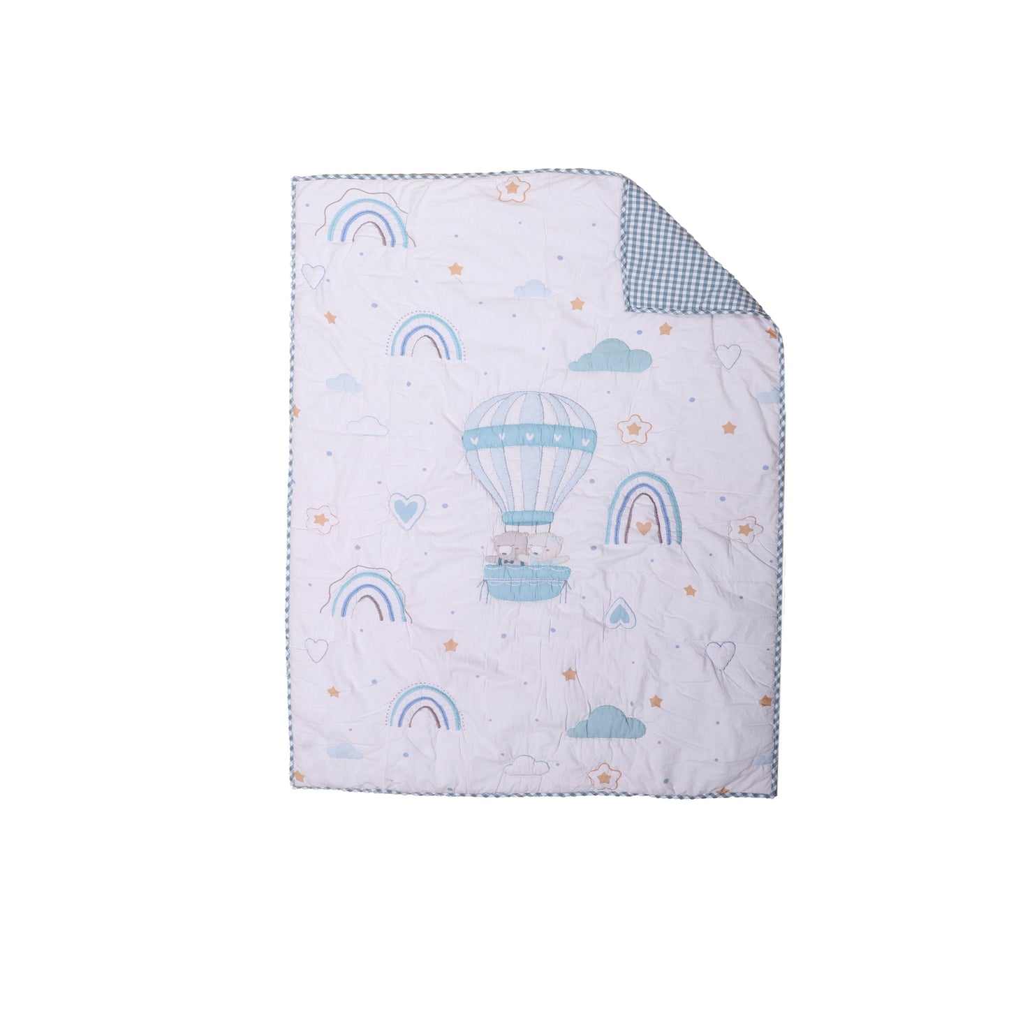 Baby blanket with hot air balloon and rainbow pattern on a white background