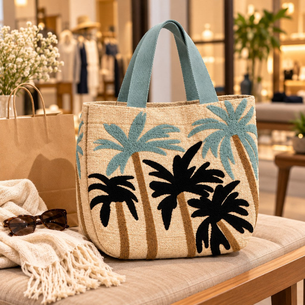 Palm Tree Tote Bag with Embroidered Design