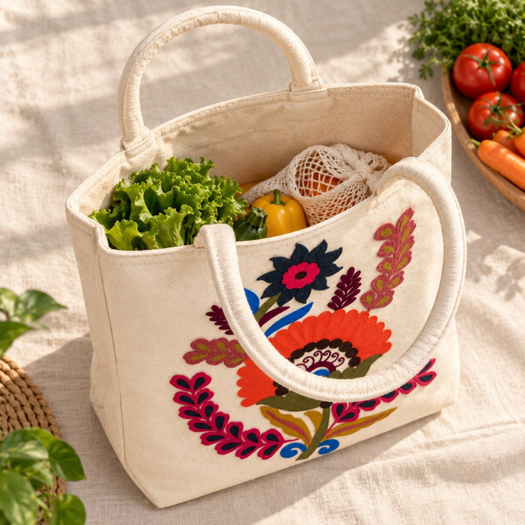 Cream Tote Bag with Multicolour Floral Embroidery