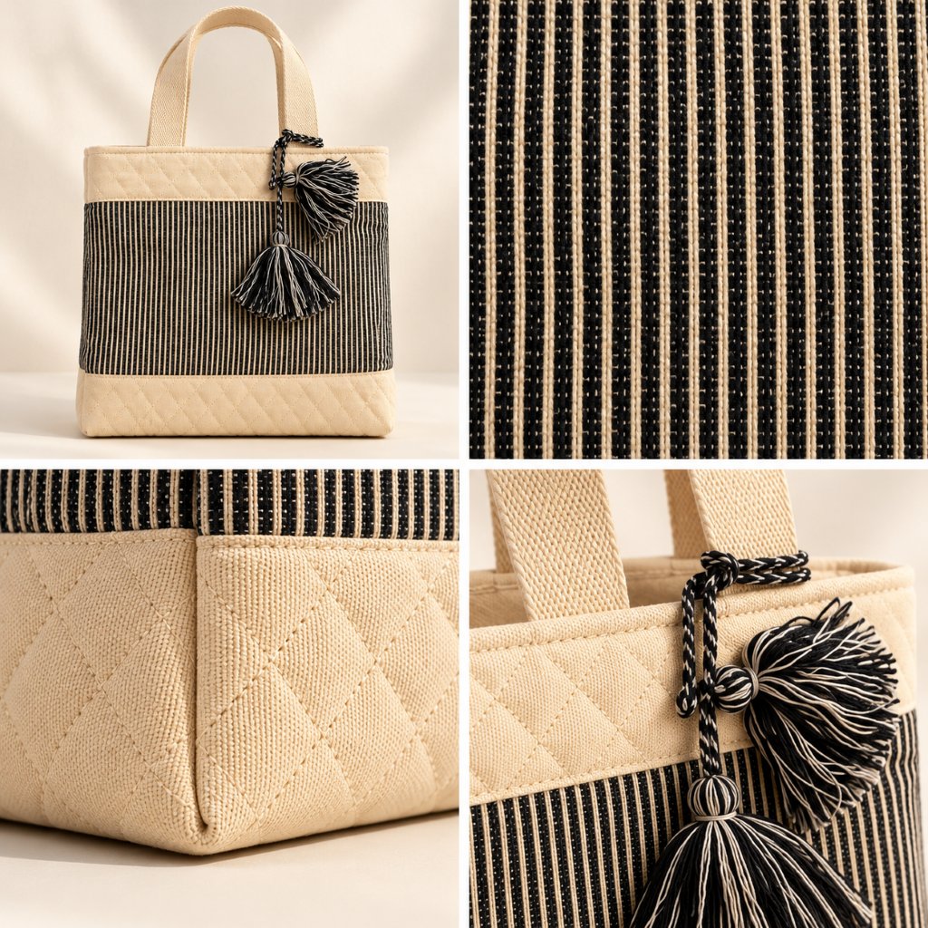 Striped Quilted Tote Bag with Decorative Tassels