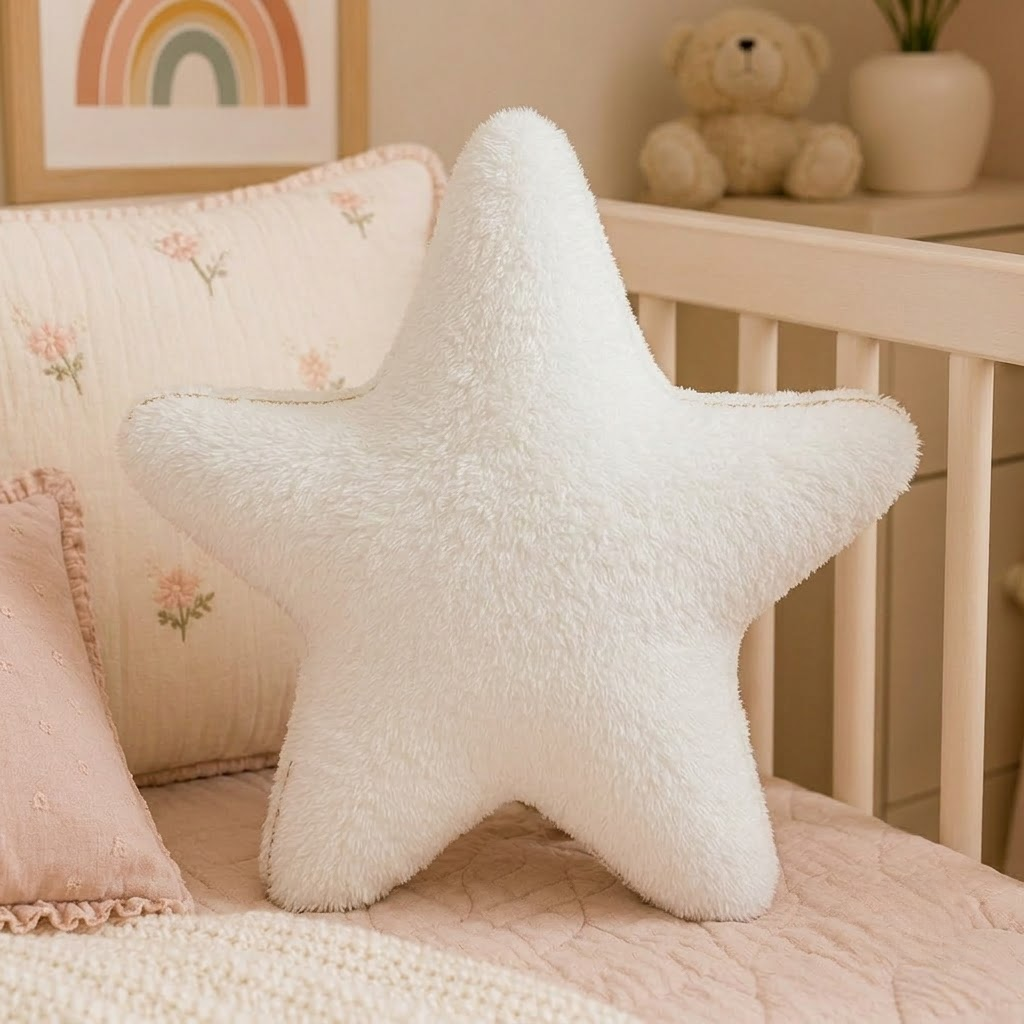 Star Decorative Cushion – White Plush Accent Pillow