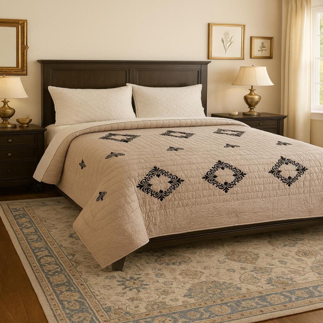 Neatly made bed with decorative quilt in a bedroom setting.