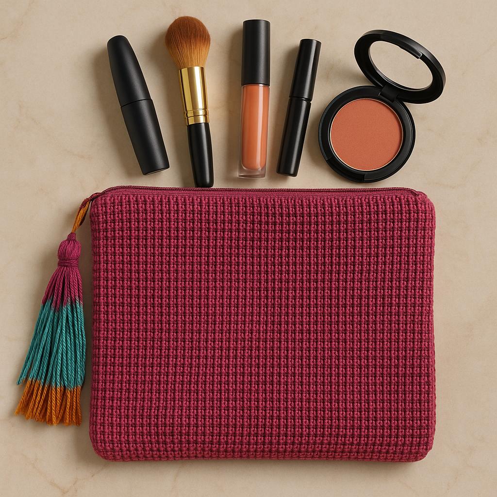Pink textured makeup pouch with cosmetic items on a beige background