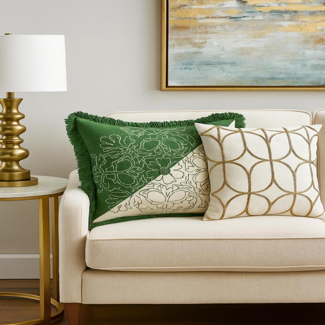 Decorative pillows on a beige sofa with a lamp and abstract painting in the background