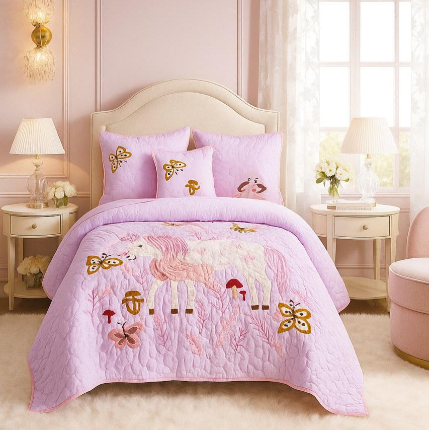 Pink bedroom with a bed featuring a matching pink comforter and pillows.