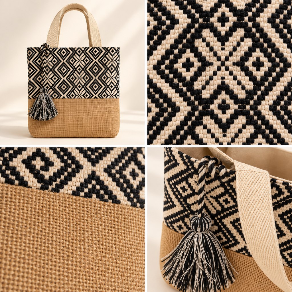 Geometric Tote Bag with Decorative Tassel
