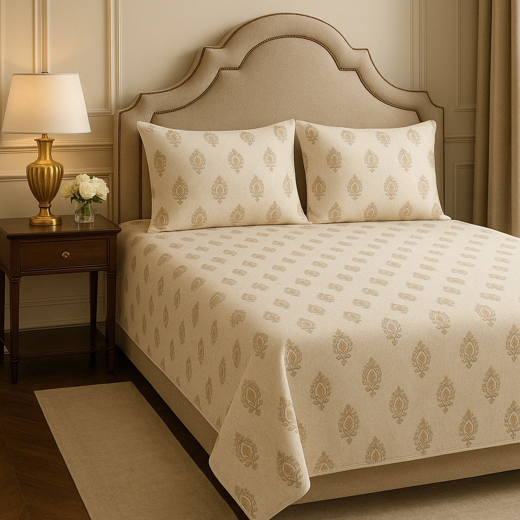 Beige patterned bedspread on a bed with matching pillows in a bedroom setting.