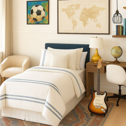 Bedroom with a bed, armchair, guitar, and decor items.