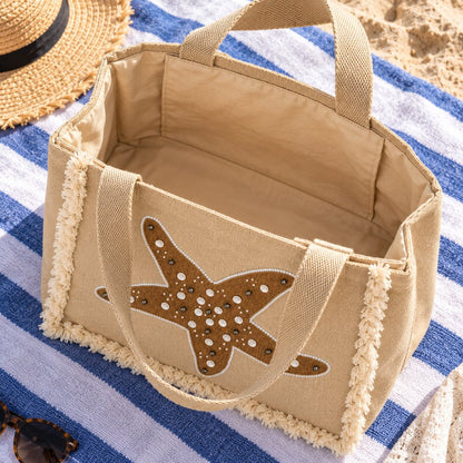 Beige Starfish Embellished Tote Bag