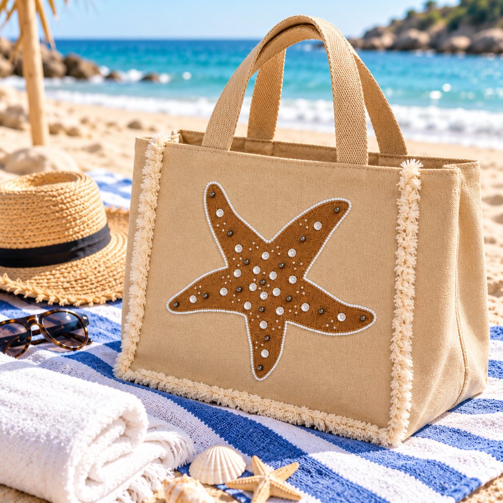 Beige Starfish Embellished Tote Bag