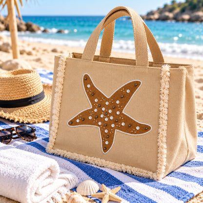 Beige Starfish Embellished Tote Bag