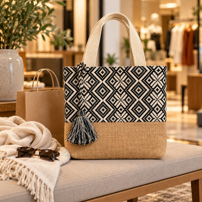 Geometric Tote Bag with Decorative Tassel
