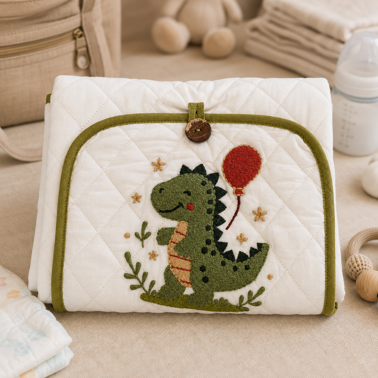 Dinosaur Embroidered Quilted Baby Changing Mat