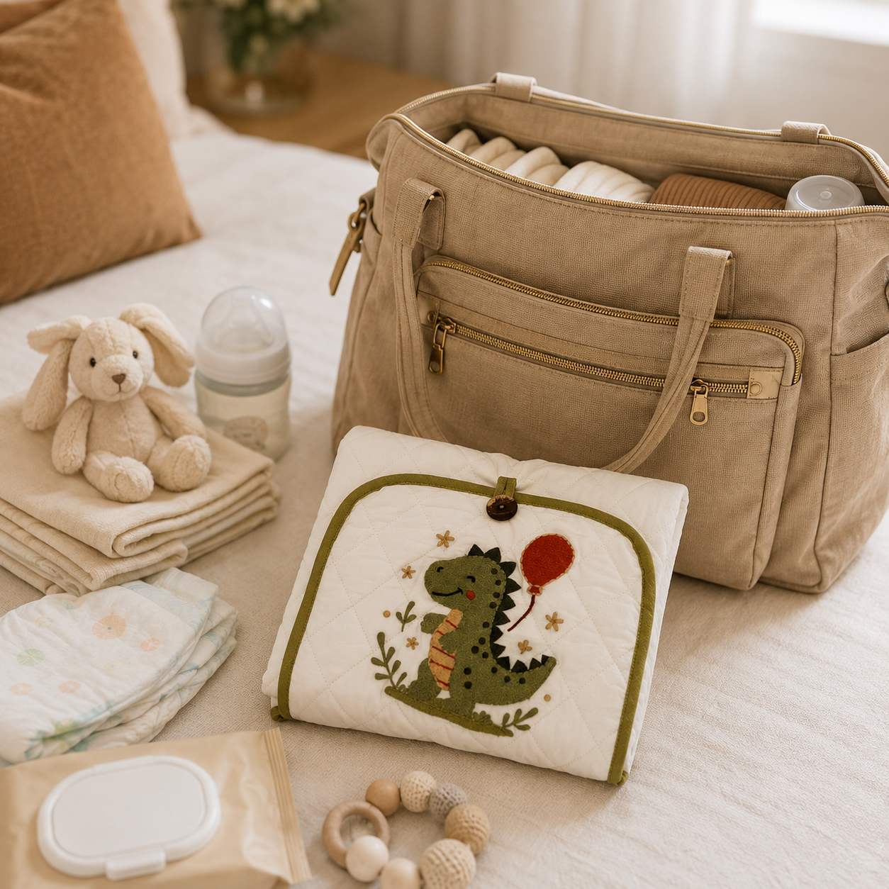 Dinosaur Embroidered Quilted Baby Changing Mat