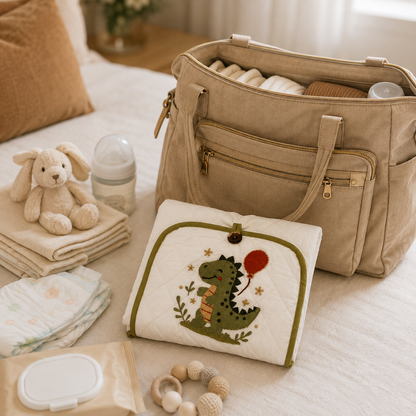 Dinosaur Embroidered Quilted Baby Changing Mat