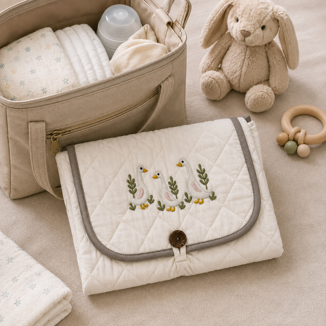 Ducks Embroidered Quilted Baby Changing Mat