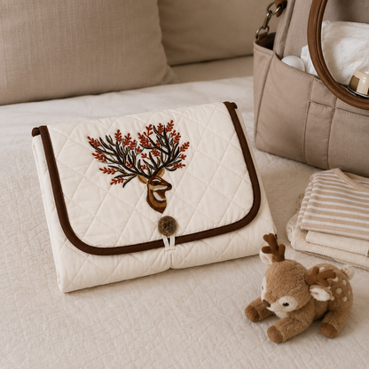 Floral Deer Embroidered Quilted Baby Changing Mat