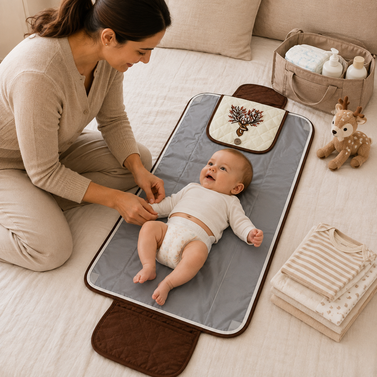 Floral Deer Embroidered Quilted Baby Changing Mat