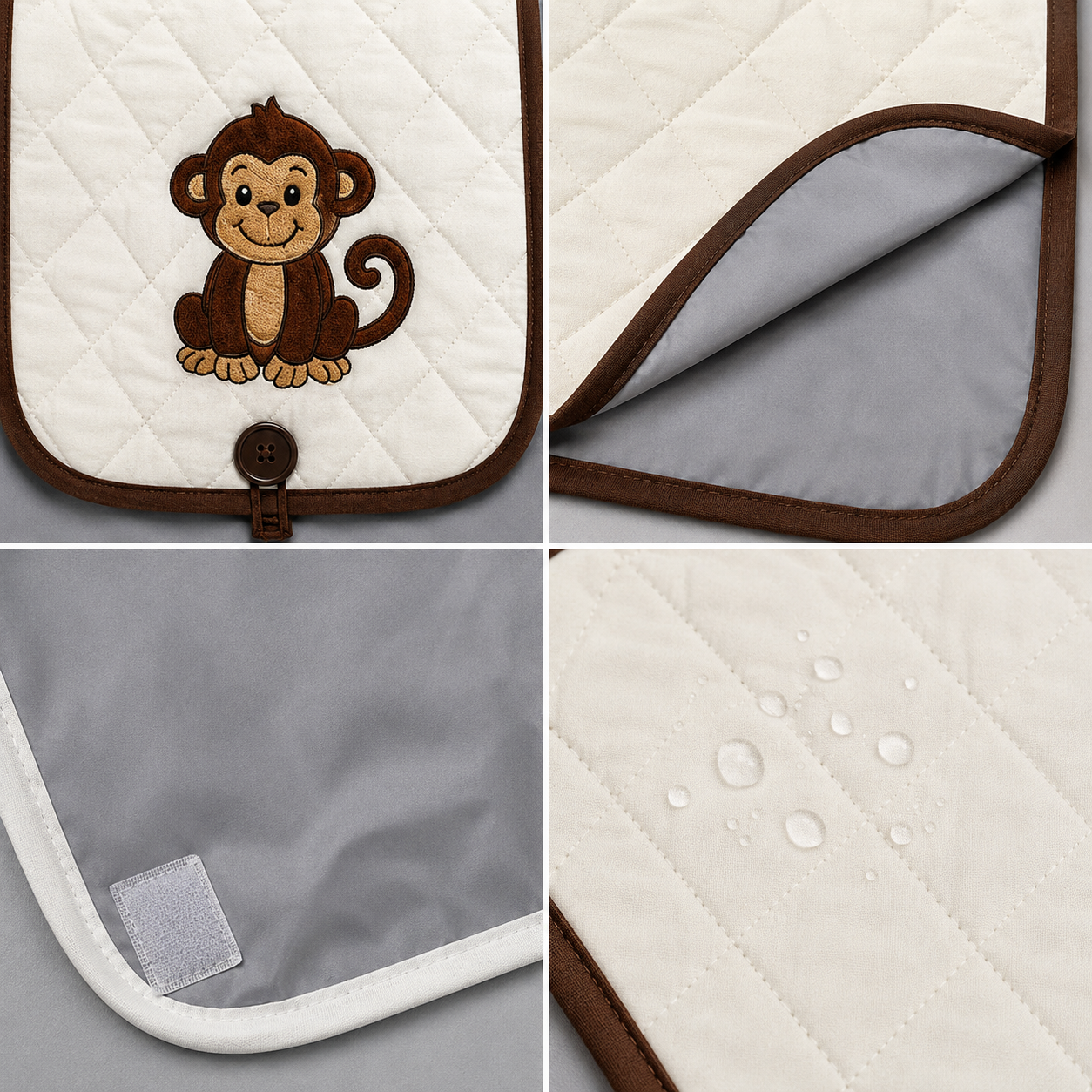 Monkey Embroidered Quilted Baby Changing Mat