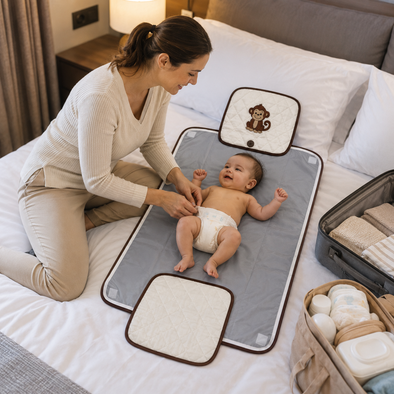 Monkey Embroidered Quilted Baby Changing Mat