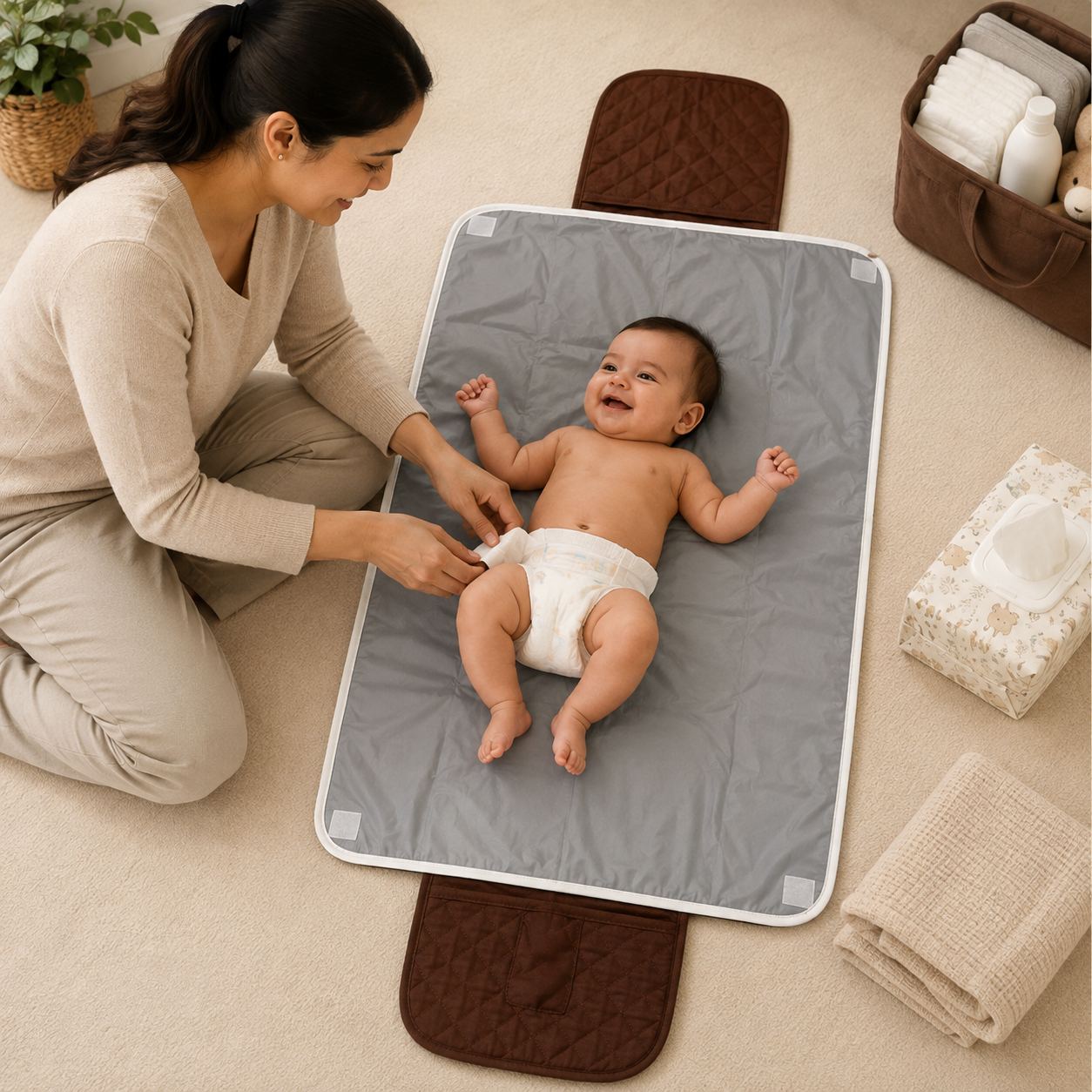 Monkey Embroidered Quilted Baby Changing Mat
