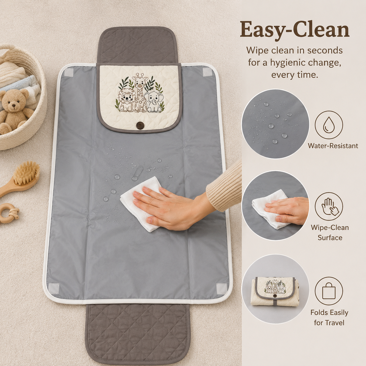 Safari Animals Embroidered Quilted Baby Changing Mat