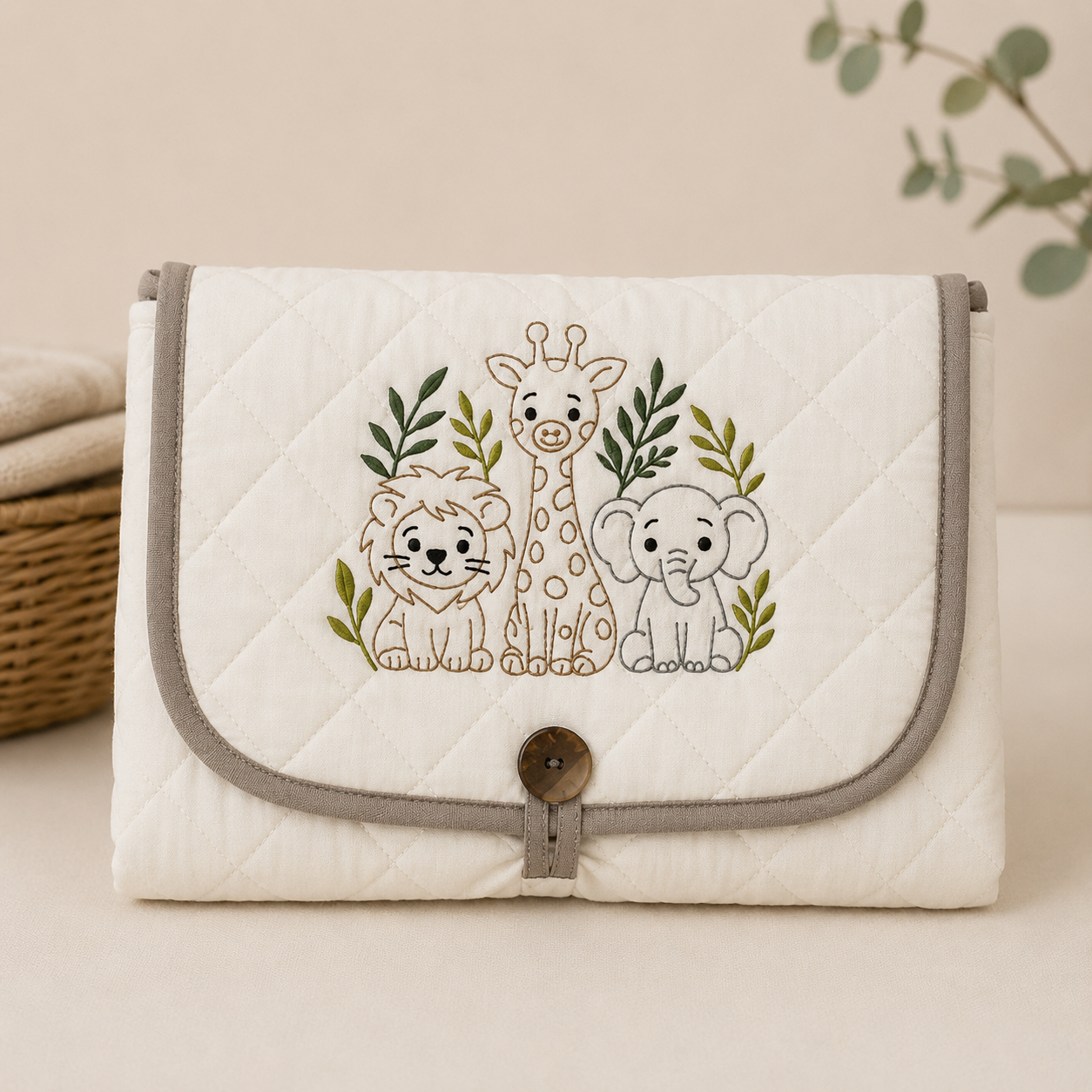 Safari Animals Embroidered Quilted Baby Changing Mat