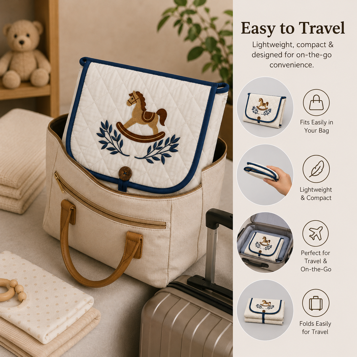 Rocking Horse Embroidered Quilted Baby Changing Mat