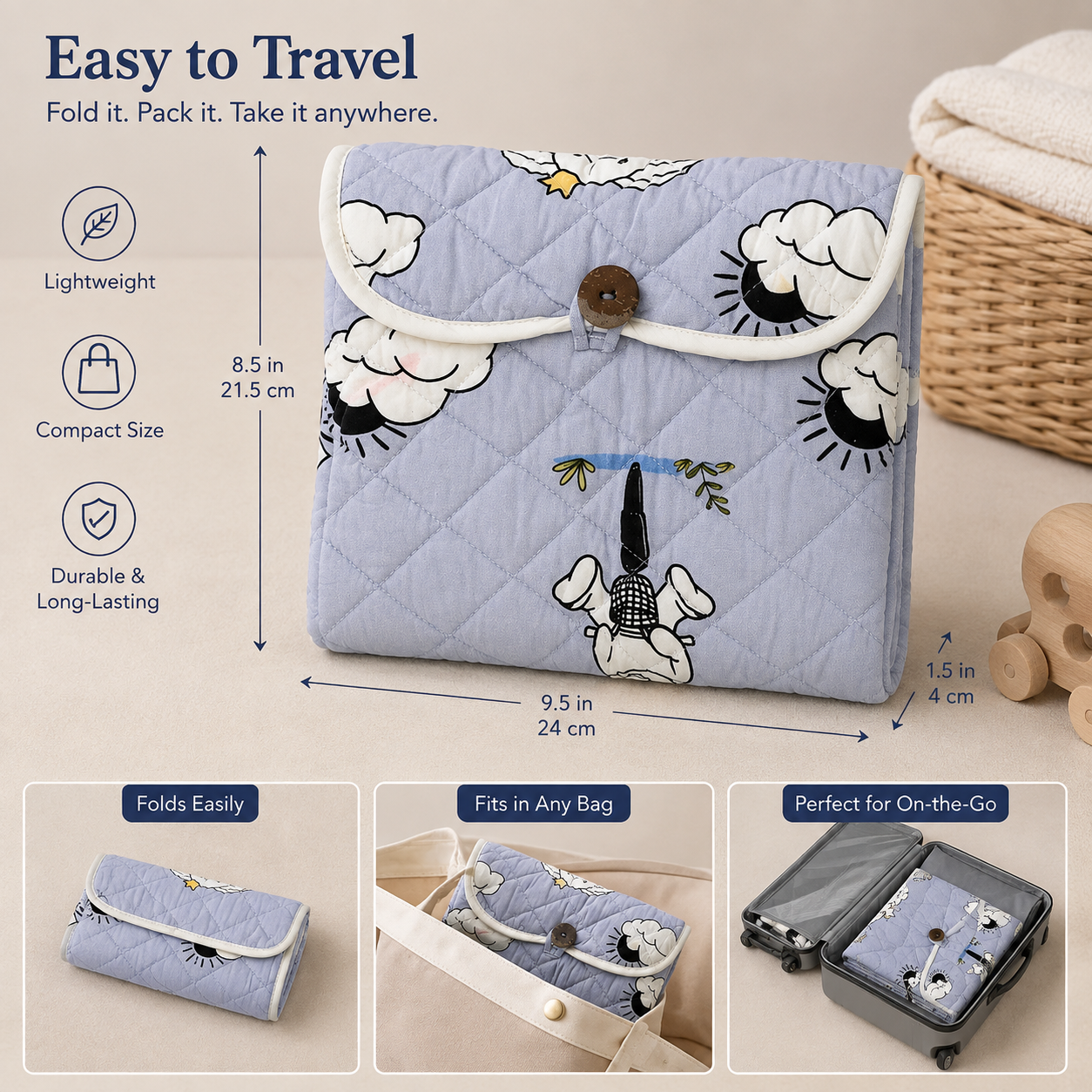 Cute Elephant Embroidered Quilted Baby Changing Mat