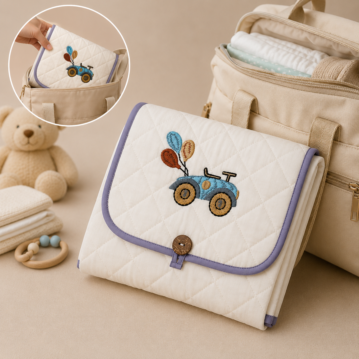Retro Toy Embroidered Quilted Baby Changing Mat