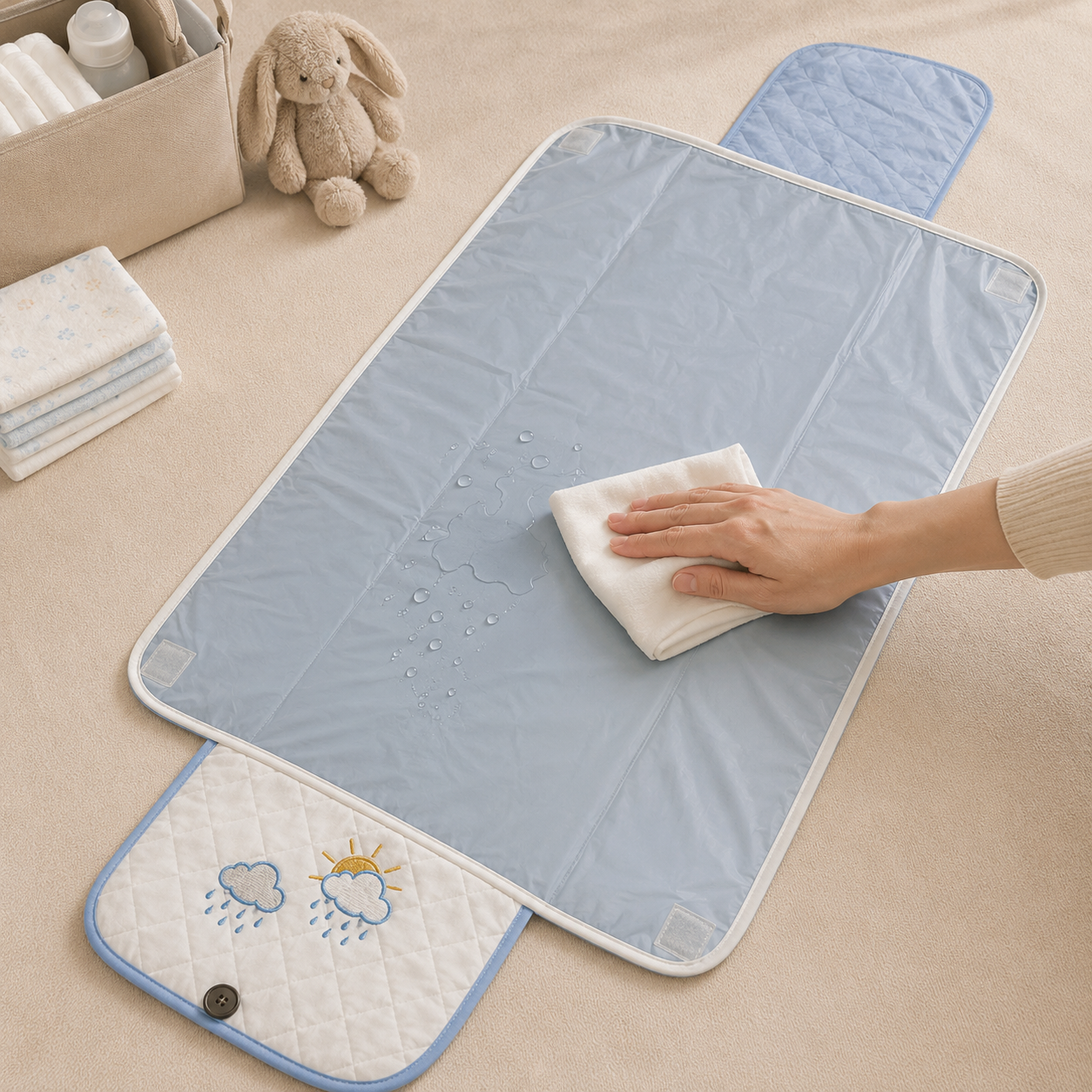 Cloud & Rain Embroidered Quilted Baby Changing Mat