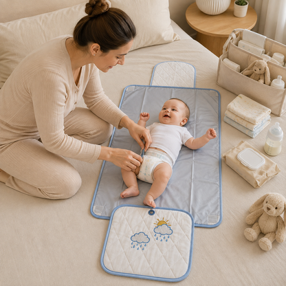 Cloud & Rain Embroidered Quilted Baby Changing Mat