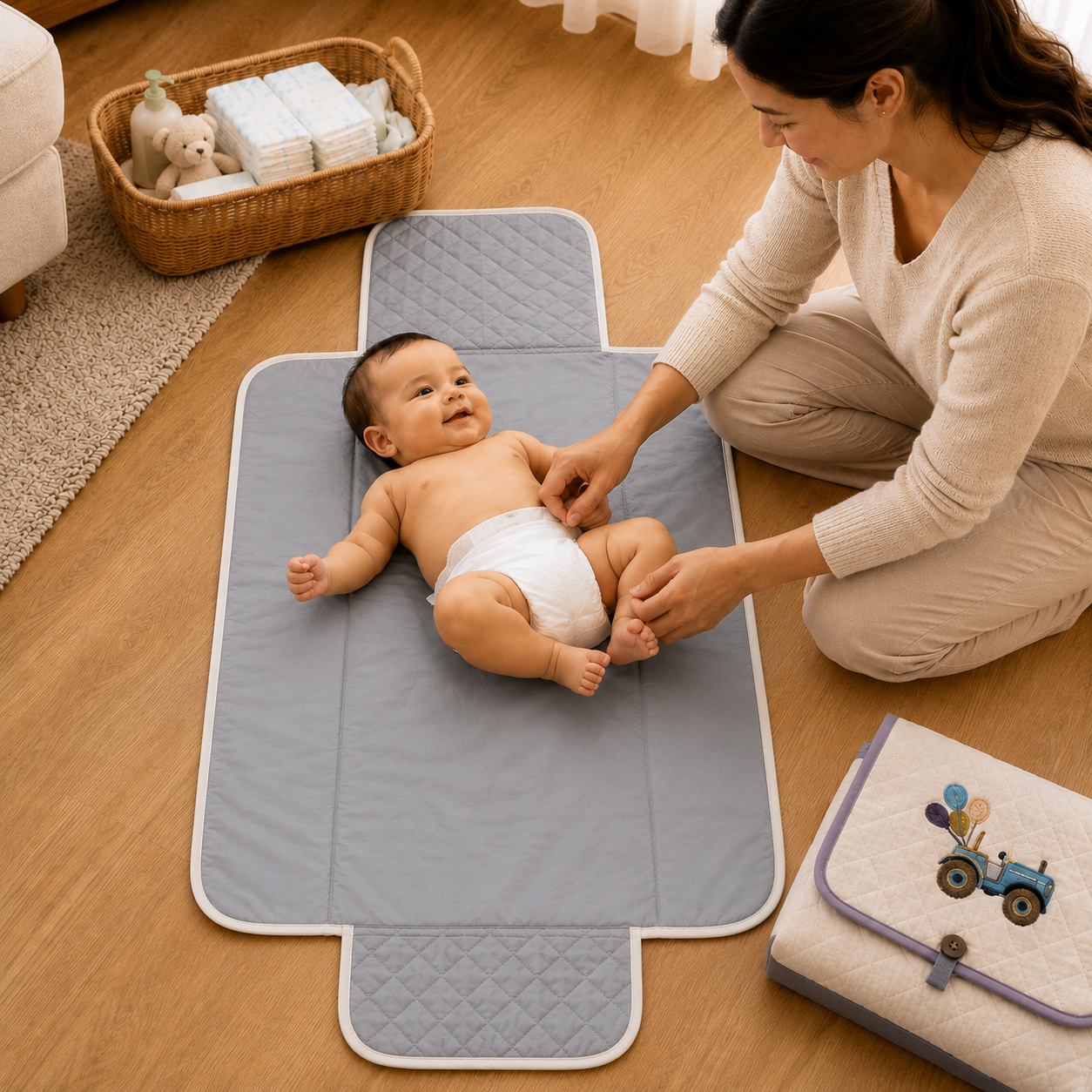 Retro Toy Embroidered Quilted Baby Changing Mat