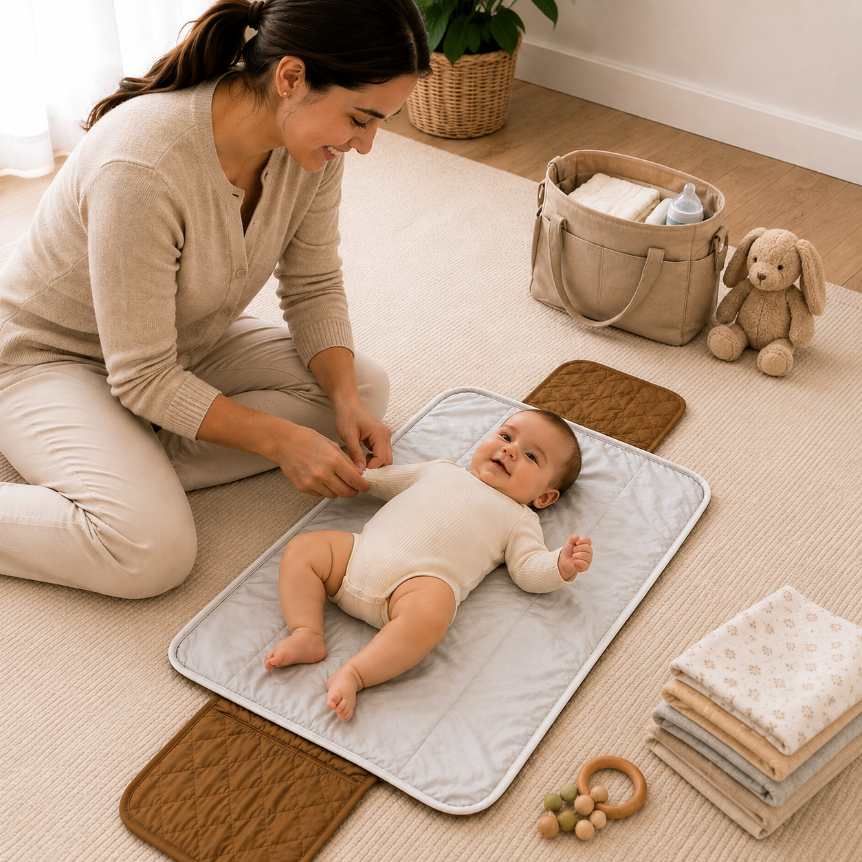 Teddy Embroidered Quilted Baby Changing Mat