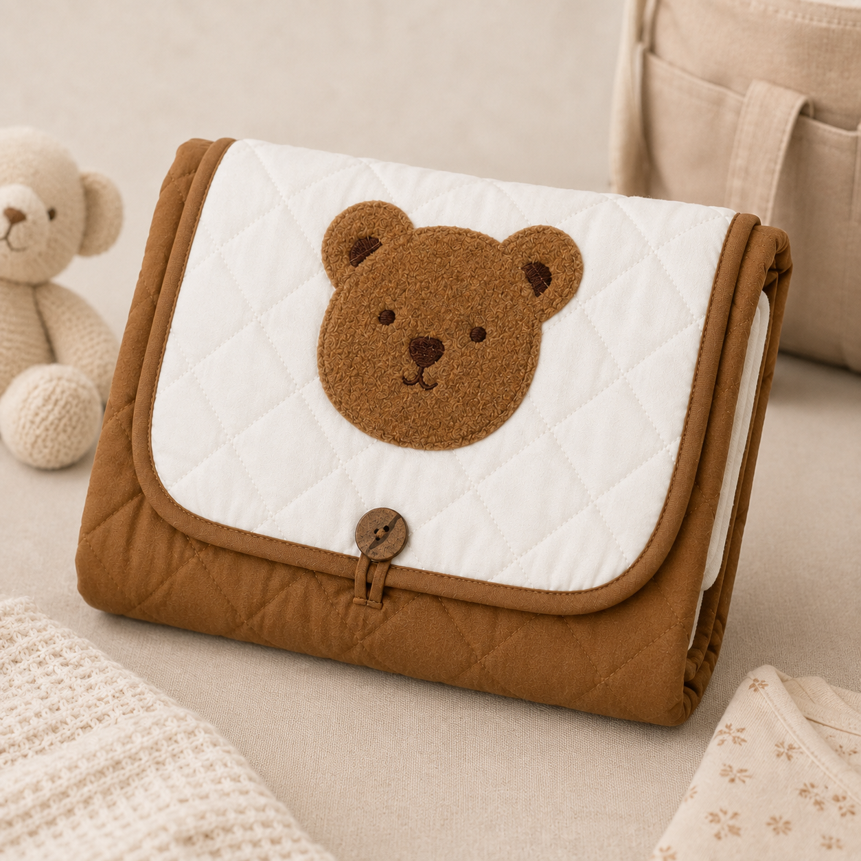 Teddy Embroidered Quilted Baby Changing Mat