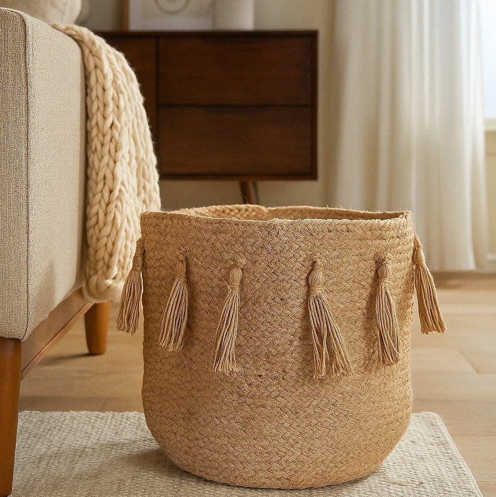 Woven basket with tassels on a surface in a home setting