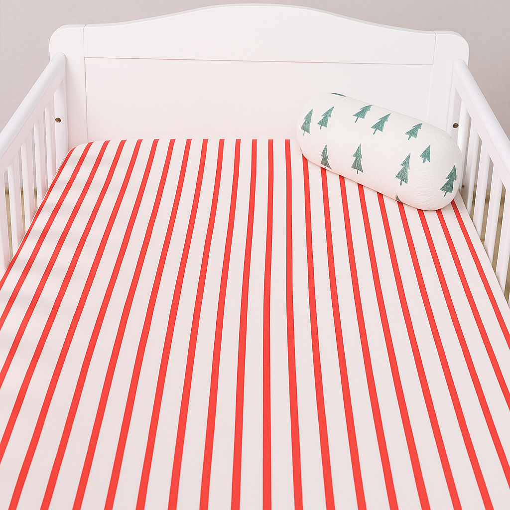White crib with red and white striped mattress cover and green tree-patterned pillow.