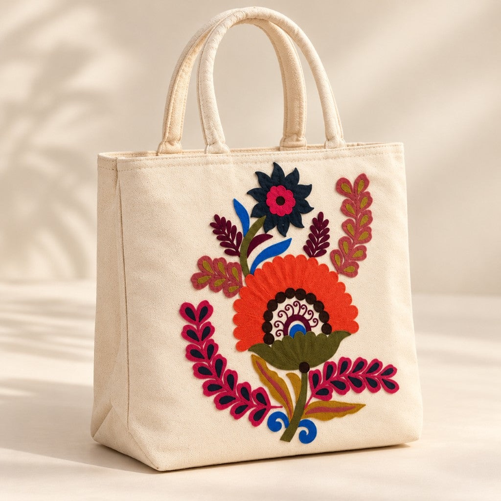 Cream Tote Bag with Multicolour Floral Embroidery