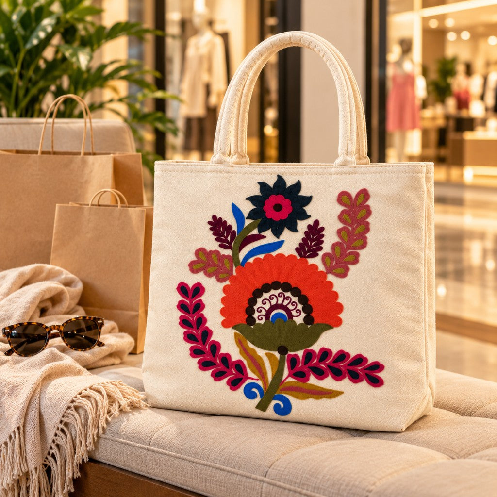 Cream Tote Bag with Multicolour Floral Embroidery