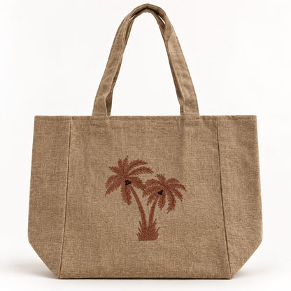 Natural Beige Tote Bag with Embroidered Palm Tree Design