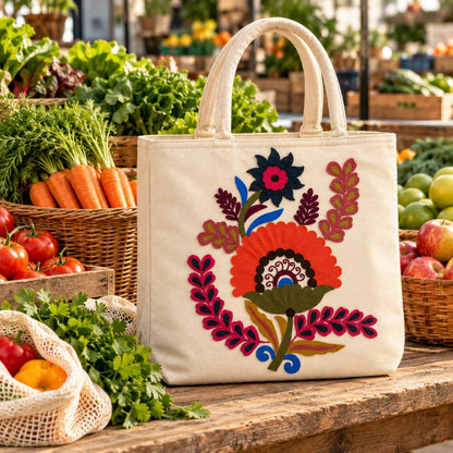 Cream Tote Bag with Multicolour Floral Embroidery