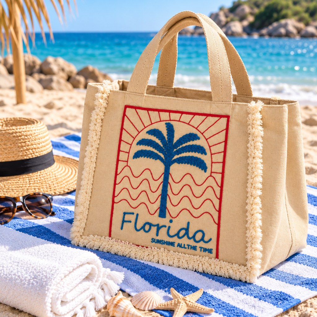Beige Florida Palm Tree Printed Tote Bag