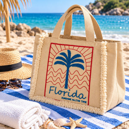 Beige Florida Palm Tree Printed Tote Bag