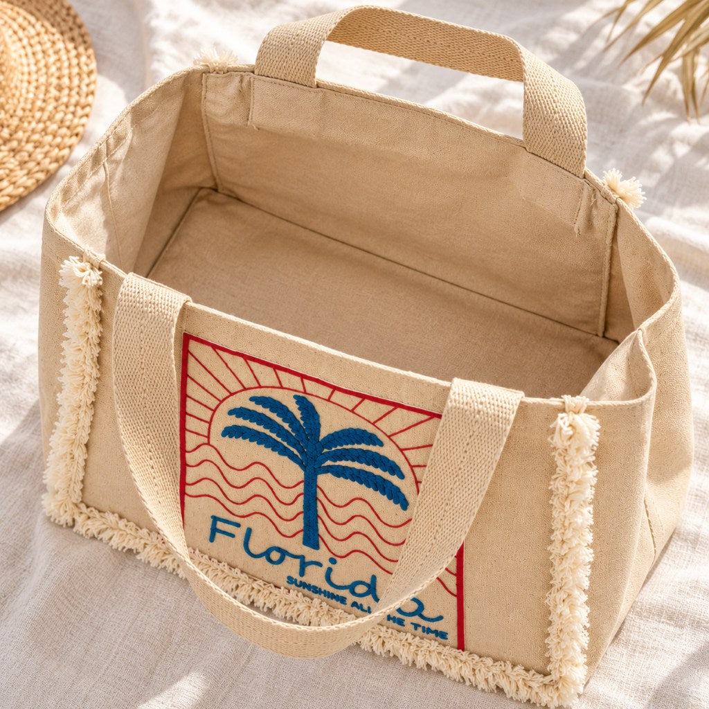 Beige Florida Palm Tree Printed Tote Bag