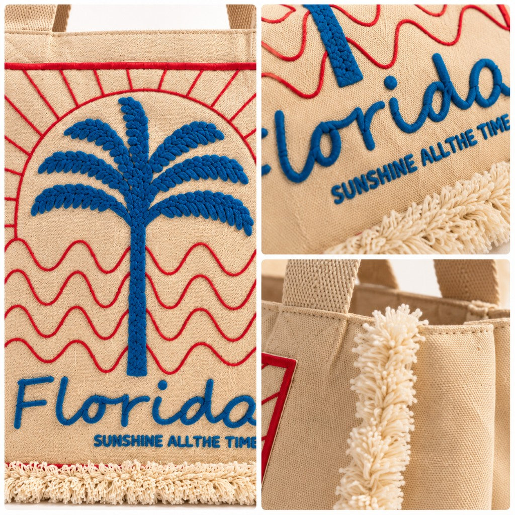 Beige Florida Palm Tree Printed Tote Bag