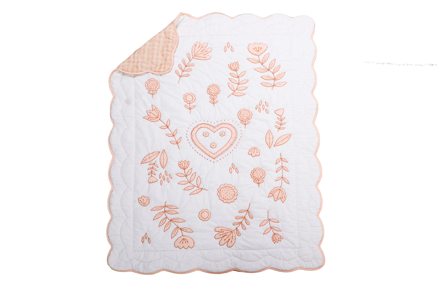 Embroidered baby blanket with floral patterns and a heart on a white background
