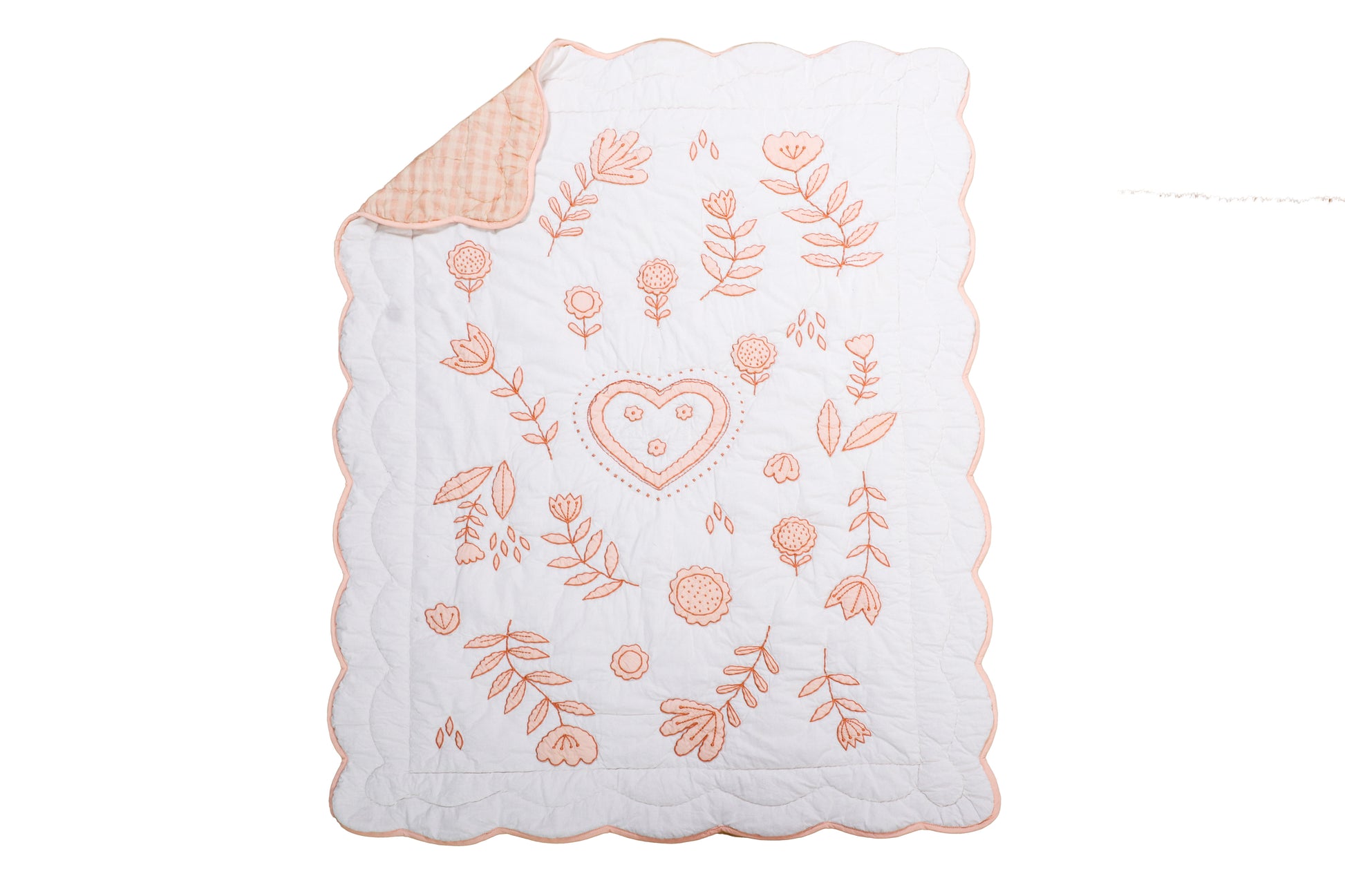 Embroidered baby blanket with floral patterns and a heart on a white background